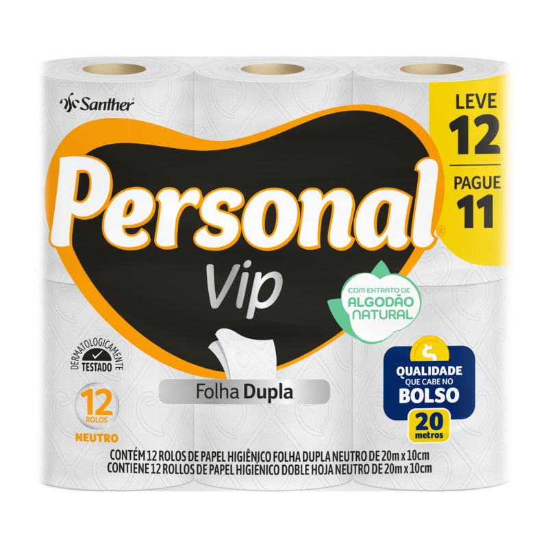 Papel higiênico PERSONAL Folha dupla VIP 20M 12UN