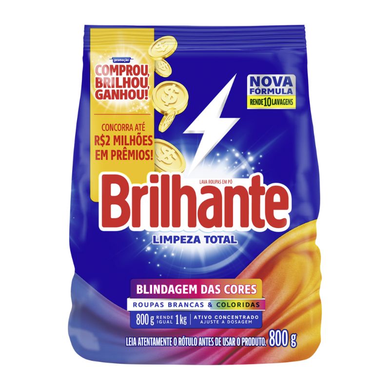 Lava Roupas Em Pó Brilhante Limpeza Total Pacote 800g
