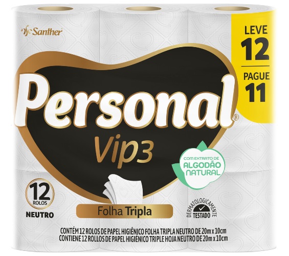 Papel Higiênico Personal Vip Folha Tripla 20M com 12 Unidades