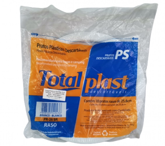 Prato Descartável TotalPlast 26CM Branco Raso 10UN