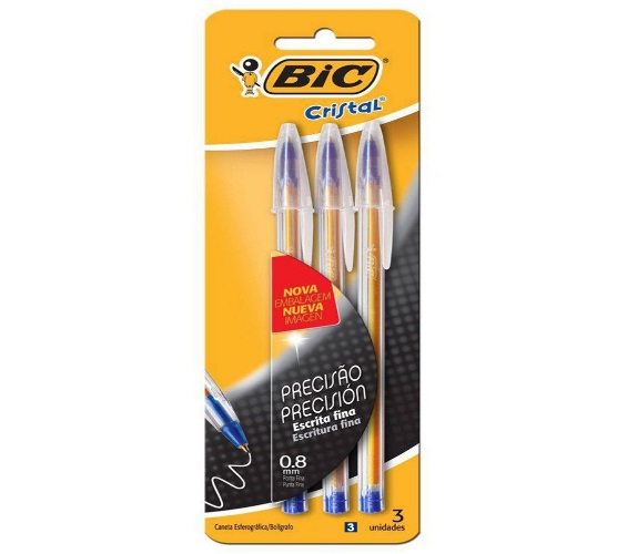 Caneta Esferográfica Azul 0,8mm Ponta Fina Bic Cristal 3 Unidades