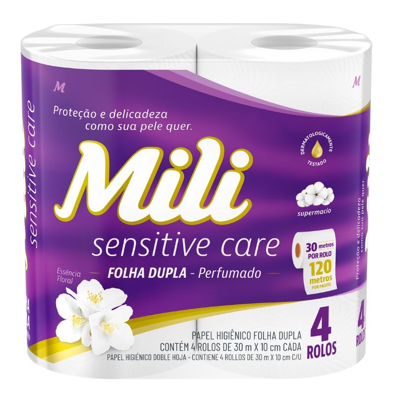 Papel Higiênico Mili Folhas Duplas Duo Chic Flores 30m 4 unidades