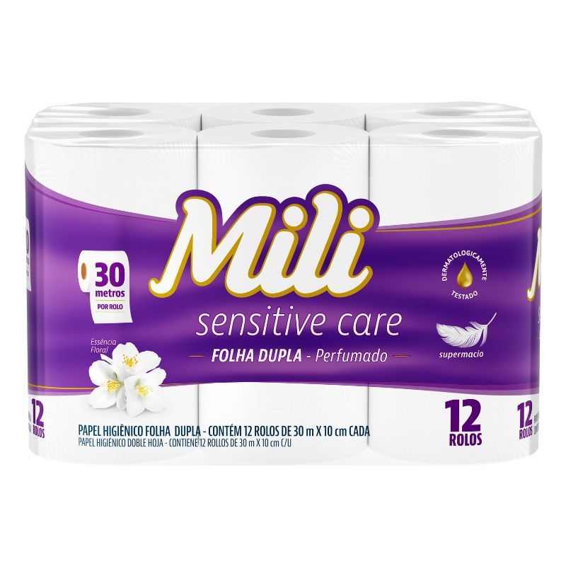 Papel Higiénico MILI Dual Folha Dupla 12 rolos de 30M Perfumado.