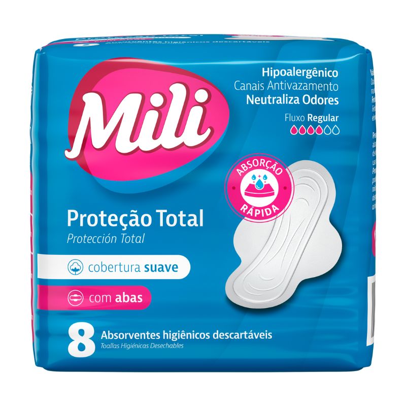 Absorvente MILI Conforto Total Fluxo Baixo Com Abas com 8 unidades.