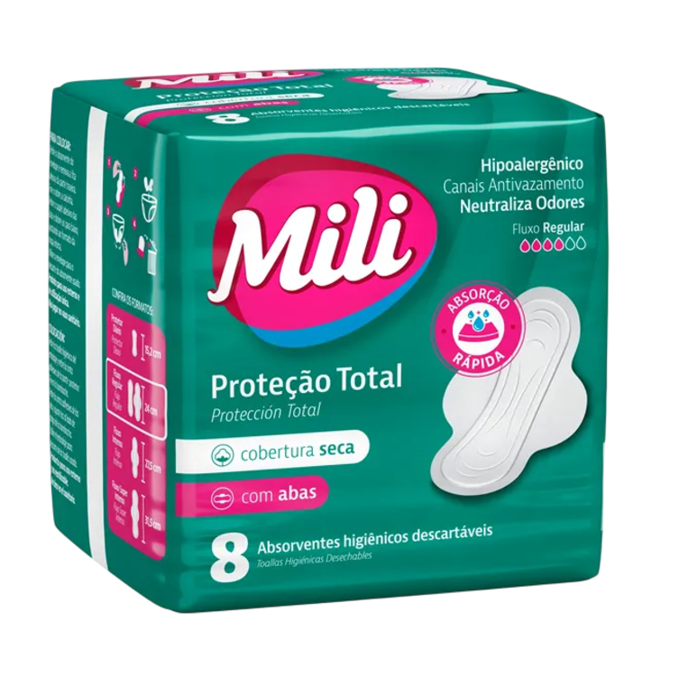 Absorvente Mili Proteção Total Cobertura Seca com Abas 8 Unidades