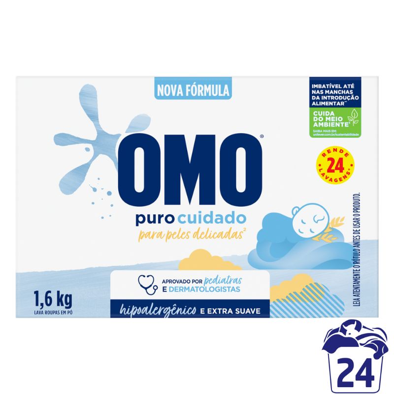 Lava Roupas em Pó Omo Puro Cuidado Caixa 1,6kg