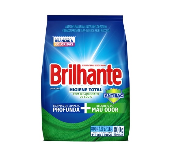 Lava-Roupas em Pó Roupas Brancas e Coloridas Brilhante Higiene Total Pacote 800g