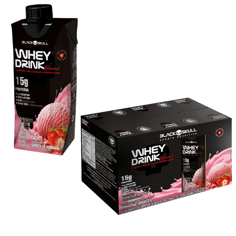 Suplemento Alimentar Líquido Black Skull Whey sabor Sorvete de Morango 250ml