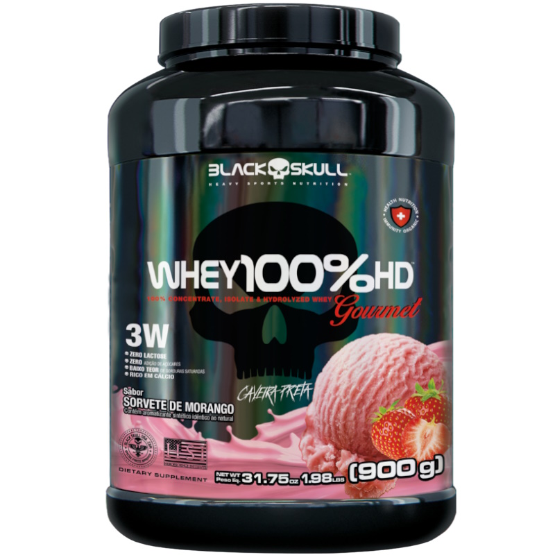 Suplemento Alimentar Black Skull Whey 100% sabor Sorvete de Morango 900g