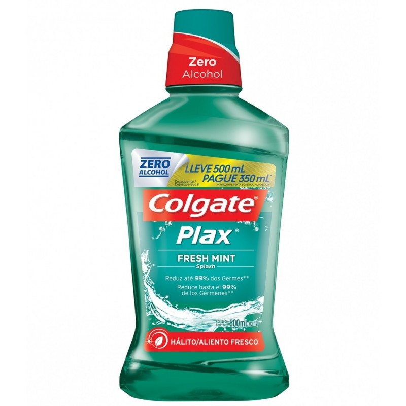 Enxaguante Bucal Anticárie Zero Álcool Fresh Mint Colgate Plax Frasco Leve 500ml Pague 350ml