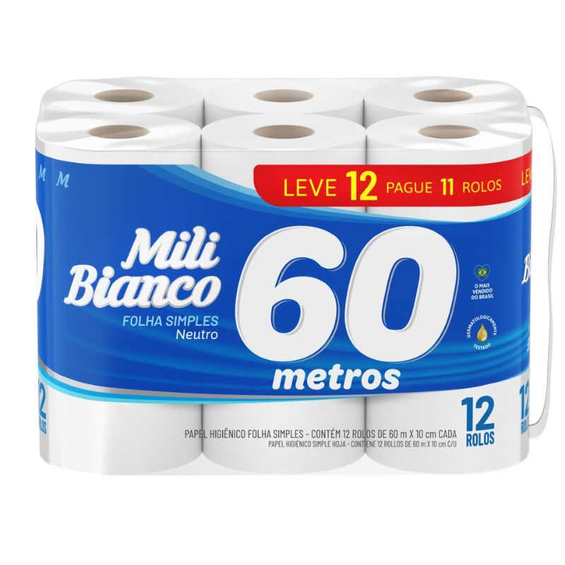 Papel Higiênico MILI Bianco Neutro 60 Metros Leve 12 pague 11 60m
