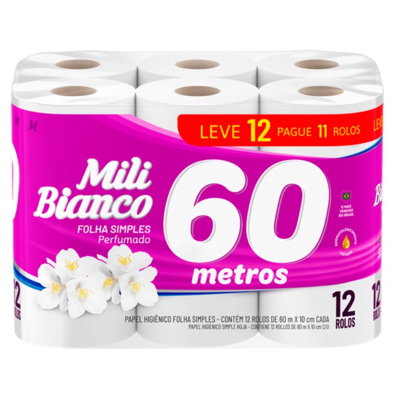 Papel Higiênico MILI Bianco Perfumado  60 Metros Leve 12 pague 11 60m